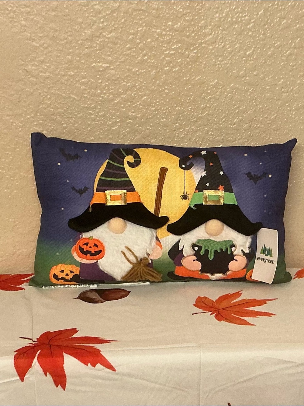 Evergreen Halloween Pillow with 2 Gnomes in Witch Hats